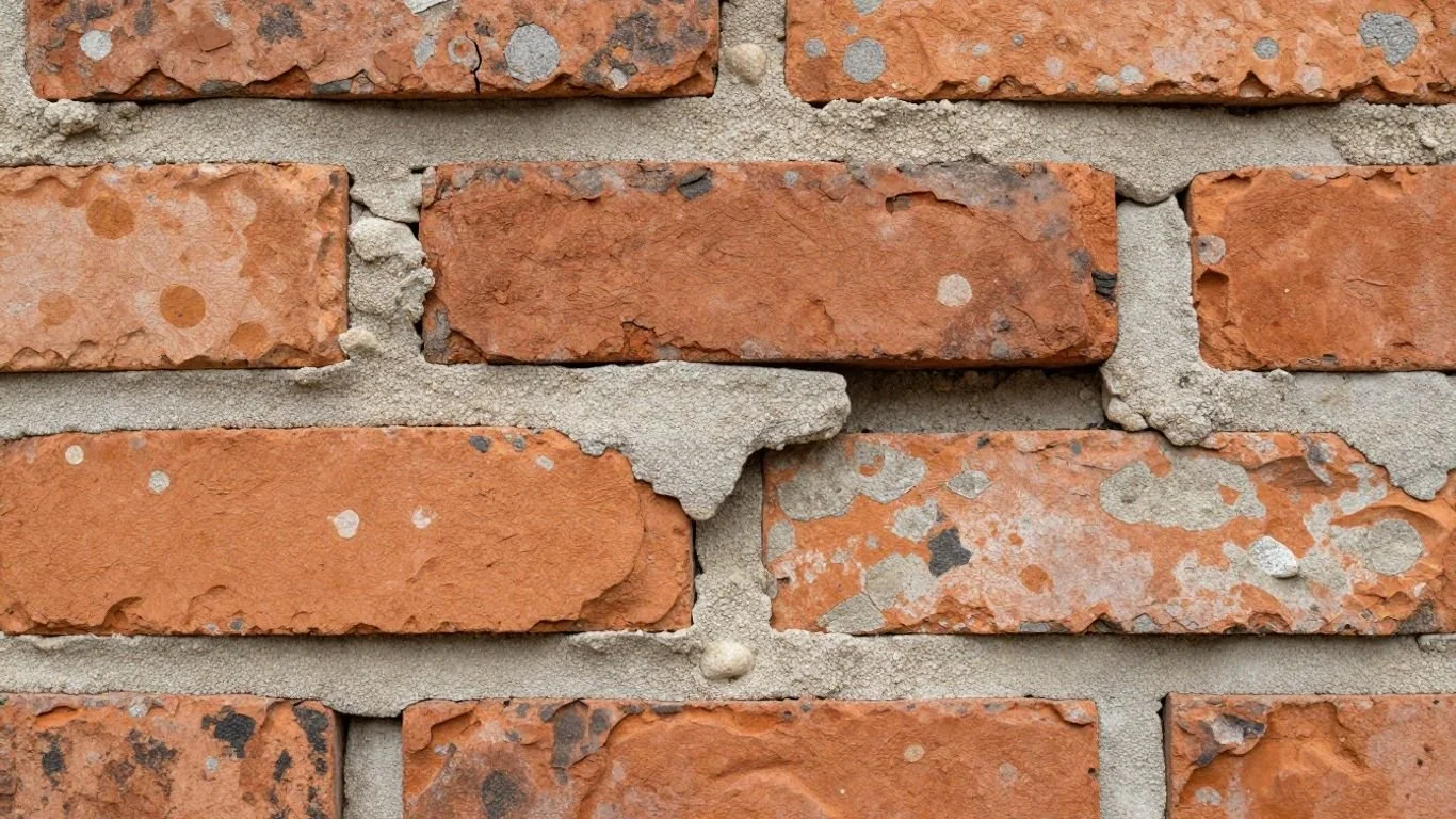 Close-up of crumbling mortar in a brick wall.