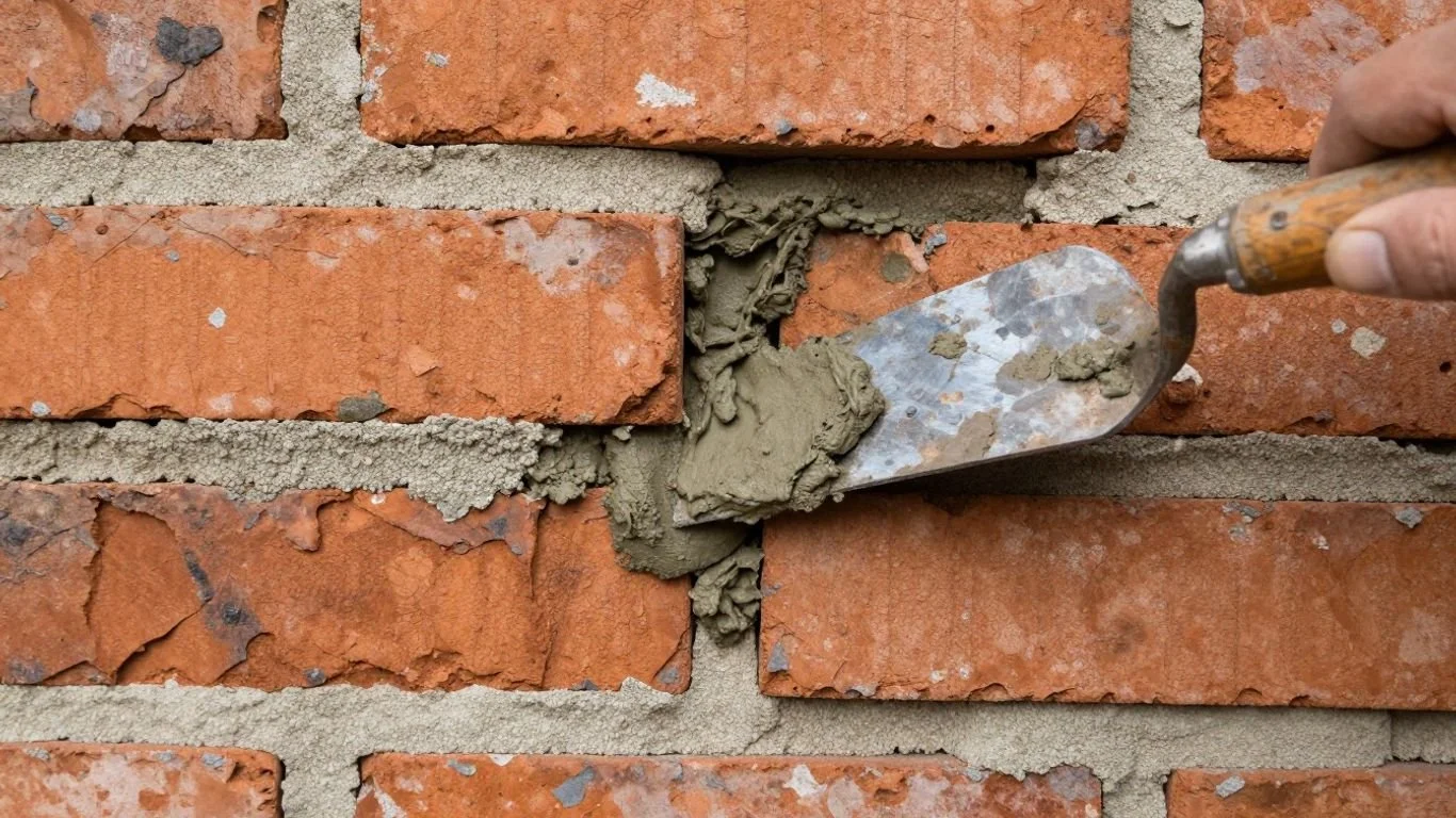 Repairing crumbling mortar in a brick wall with a trowel.