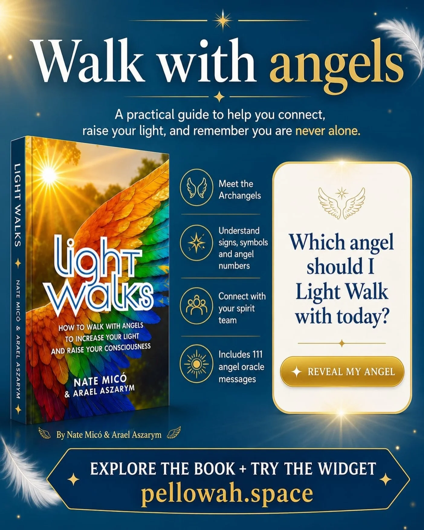 Have you ever wanted to walk with an angel?

Light Walks is your practical guide to connecting with angels, raising your light and remembering you were never alone.

Inside the book, you&rsquo;ll discover:

✨ how to connect with the Archangels
✨ sign