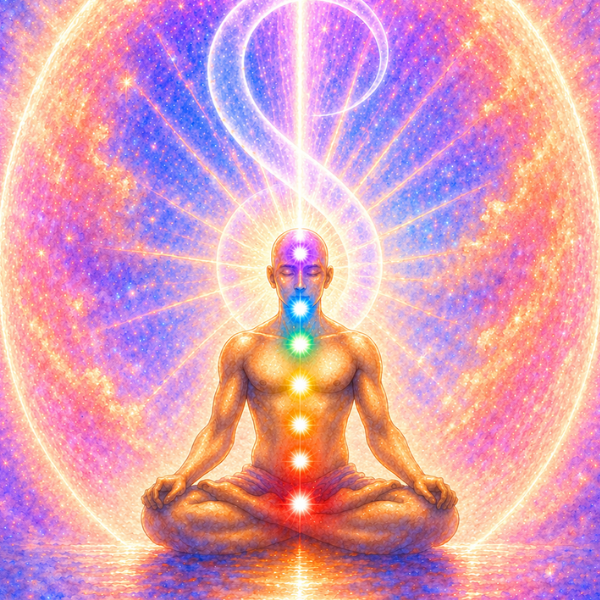 A person meditating in a lotus position with seven glowing chakras aligned along their spine, surrounded by vibrant, multicolored cosmic patterns and a heart-shaped aura.