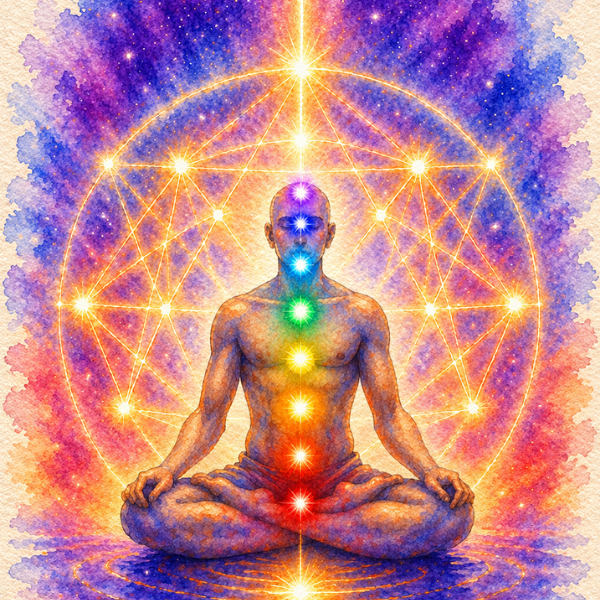 A person sitting in a meditative pose with eyes closed, surrounded by vibrant colorful background and a glowing mandala with interconnected points representing chakras along the spine.