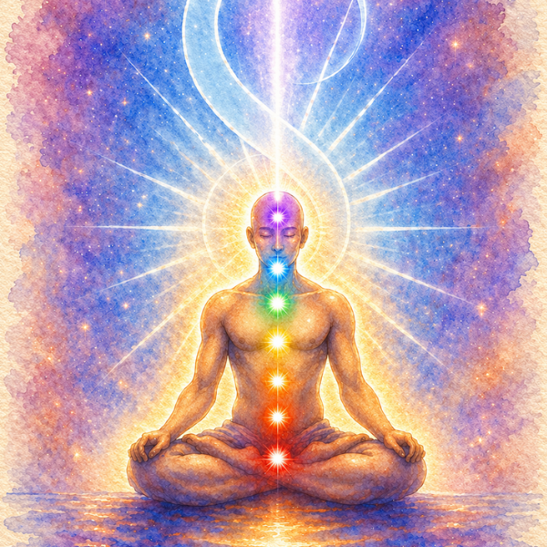 A person sitting in a meditative pose with their legs crossed and hands resting on their knees. They are depicted with glowing chakras aligned along their body from the base of the spine to the top of the head, each chakra represented by a different color
