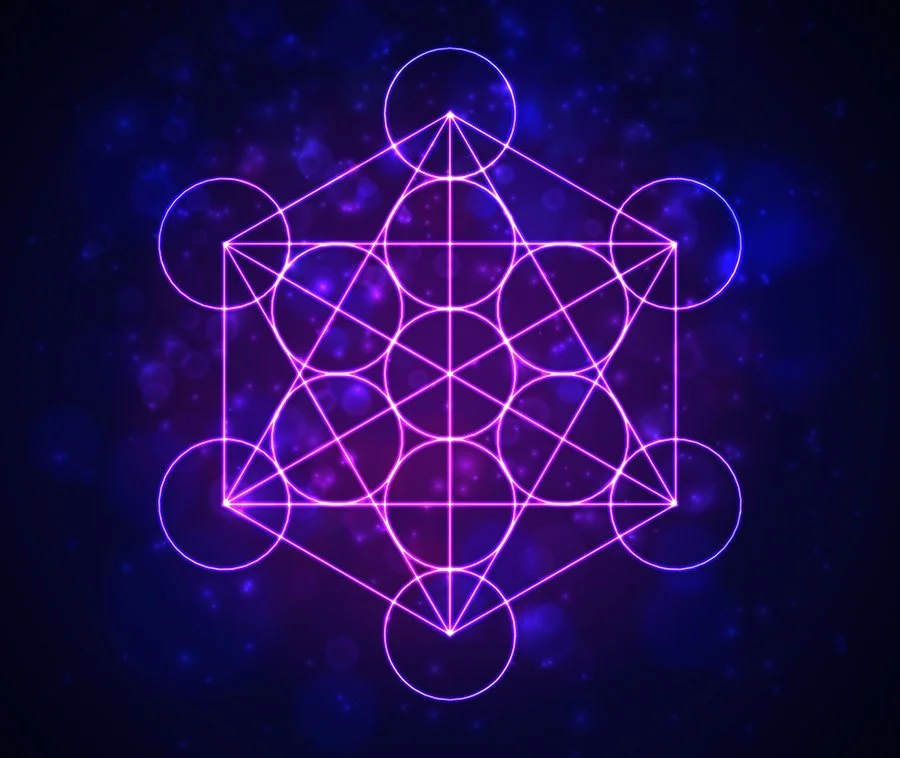 A glowing geometric design in neon purple lines featuring a cube, multiple circles, and intersecting lines on a dark background with small light spots.