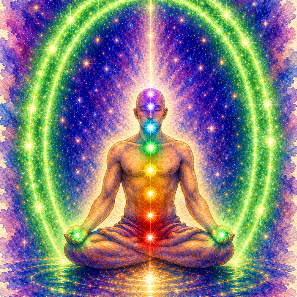 A person sitting cross-legged in a meditative pose with chakras aligned along the spine, surrounded by vibrant, colorful cosmic energy and glowing rings, representing spiritual awakening and energy.