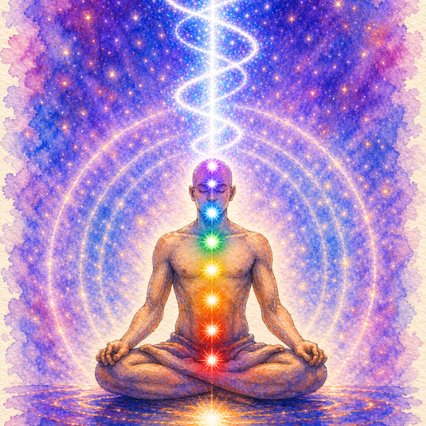 A person sits in a meditative pose with chakra symbols aligned along their spine, surrounded by a vibrant, cosmic background with concentric circles and swirling lights.