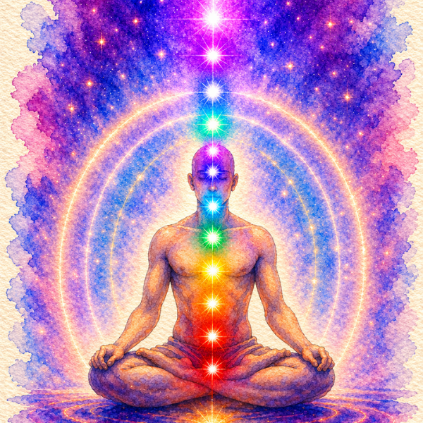 Illustration of a person in a meditative pose with chakras aligned along the spine, surrounded by colorful cosmic and energetic patterns.