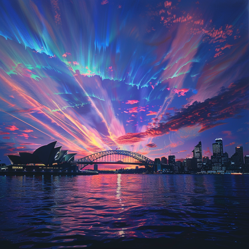 Sydney Opera House and Harbour Bridge during a night fireworks display with colorful lights in the sky