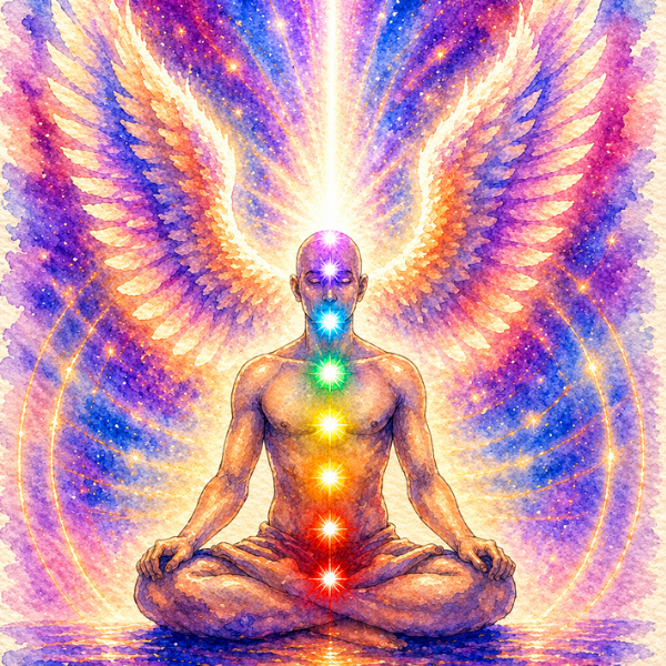 A human figure sitting cross-legged with chakras aligned along the spine, surrounded by radiant light and colorful cosmic background, with large angelic wings behind.