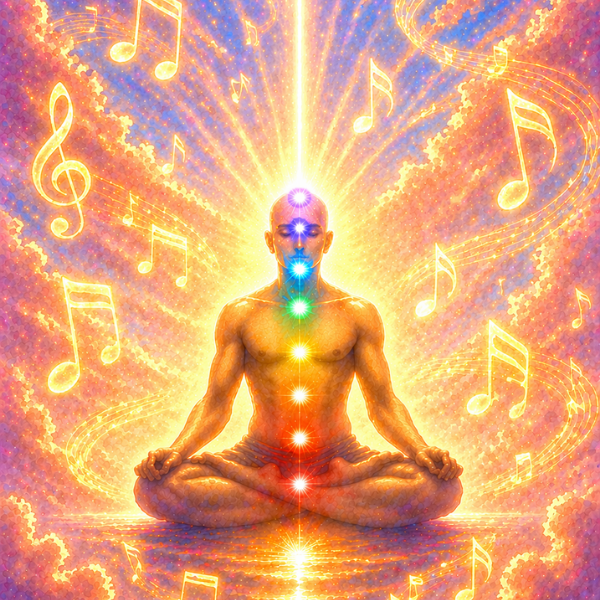 A person sitting in a meditation pose with a glowing aura and rainbow-colored chakras aligned along the spine, surrounded by musical notes and radiant light.