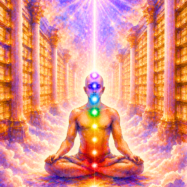 A person meditating in a library with glowing, colorful energy centers along their spine representing chakras, surrounded by cloud-like mist and radiant purple and gold hues.