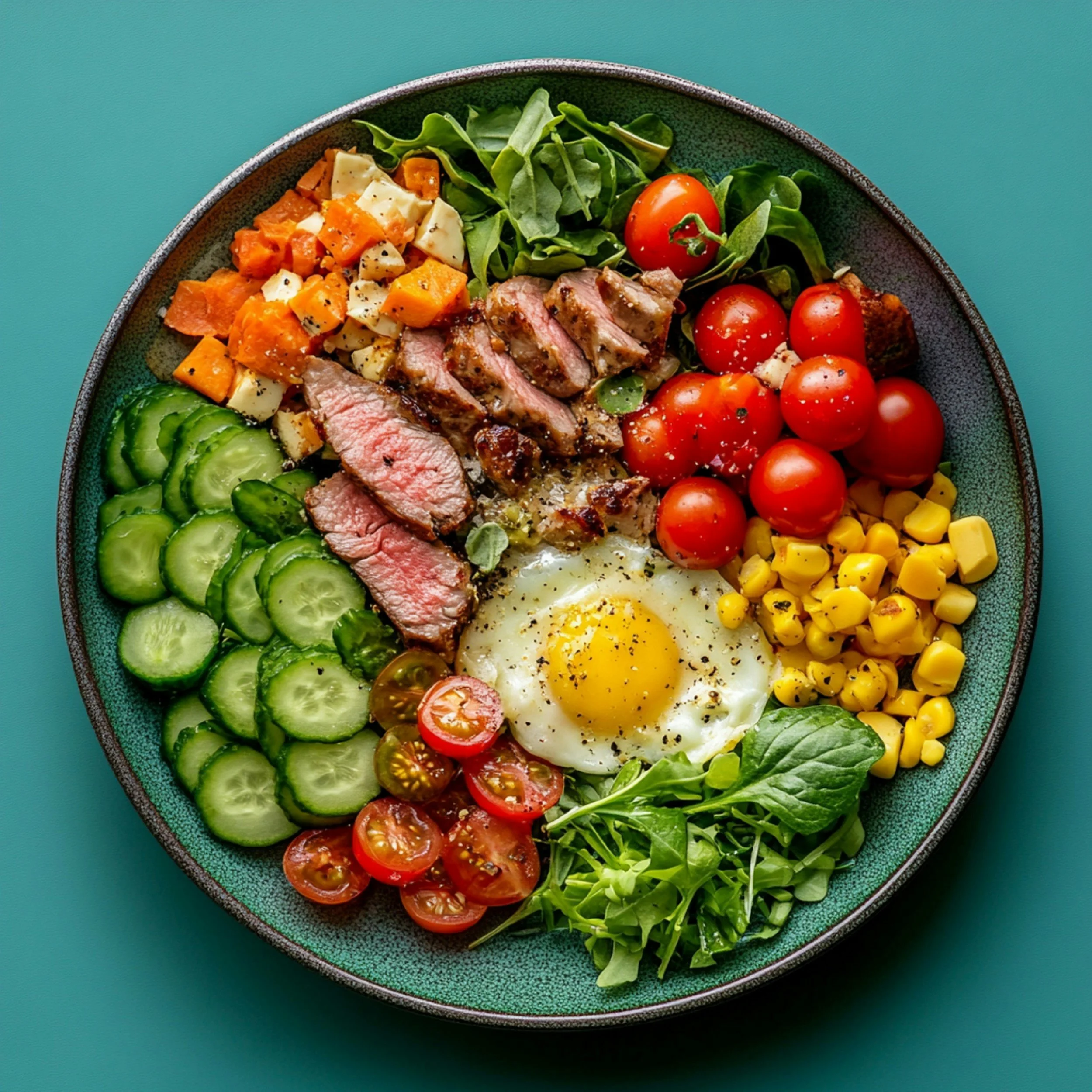 A colorful salad in a black bowl with sliced cucumber, cherry tomatoes, corn, sliced steak, a fried egg, spinach, and diced squash.