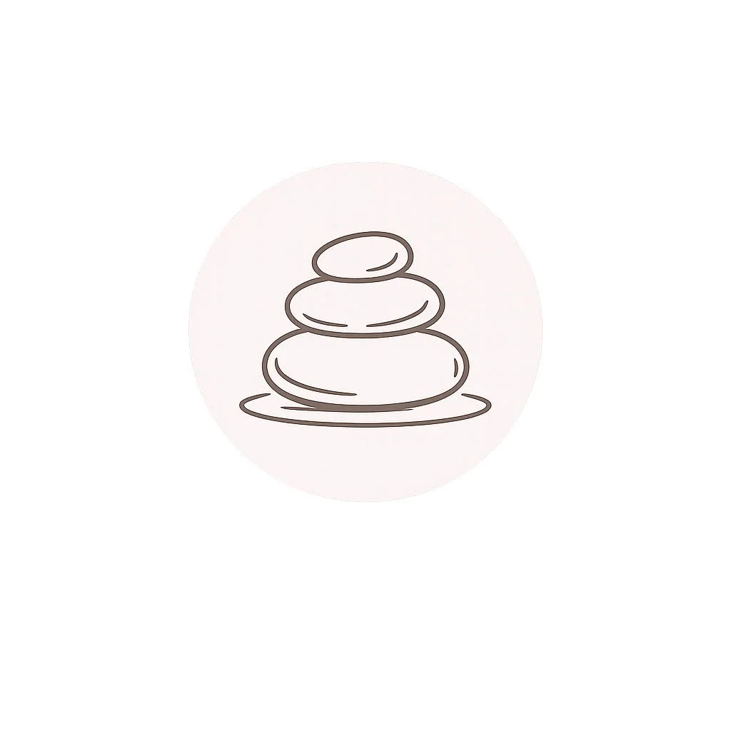 Line drawing of three stacked stones on a small plate, representing balance and tranquility.