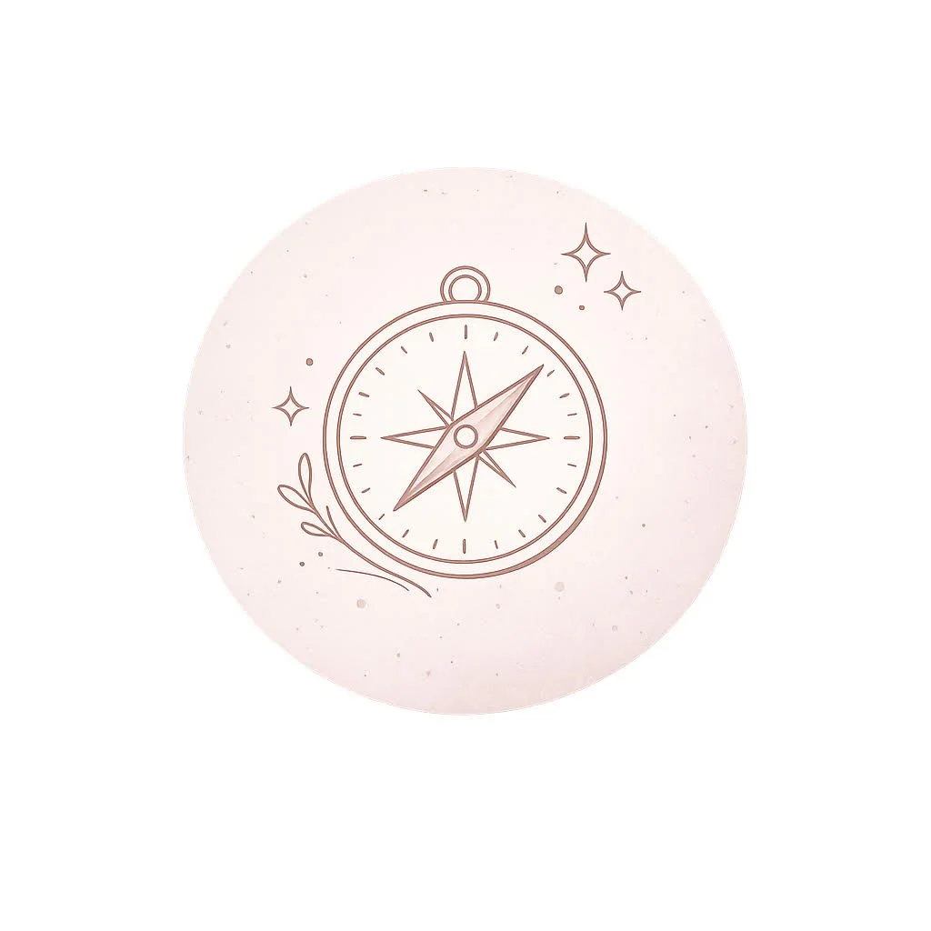 A minimalist illustration of a compass with a decorative leaf and star accents, set against a soft pink circular background.