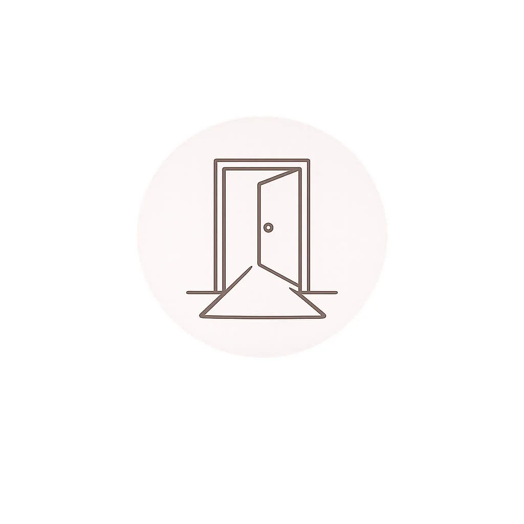 Line drawing of an open door with a pathway leading through it.