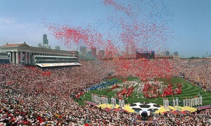 Los Angeles looms in the background as over 100,000 fans fill the Rose Bowl during the 1994 USA World Cup.