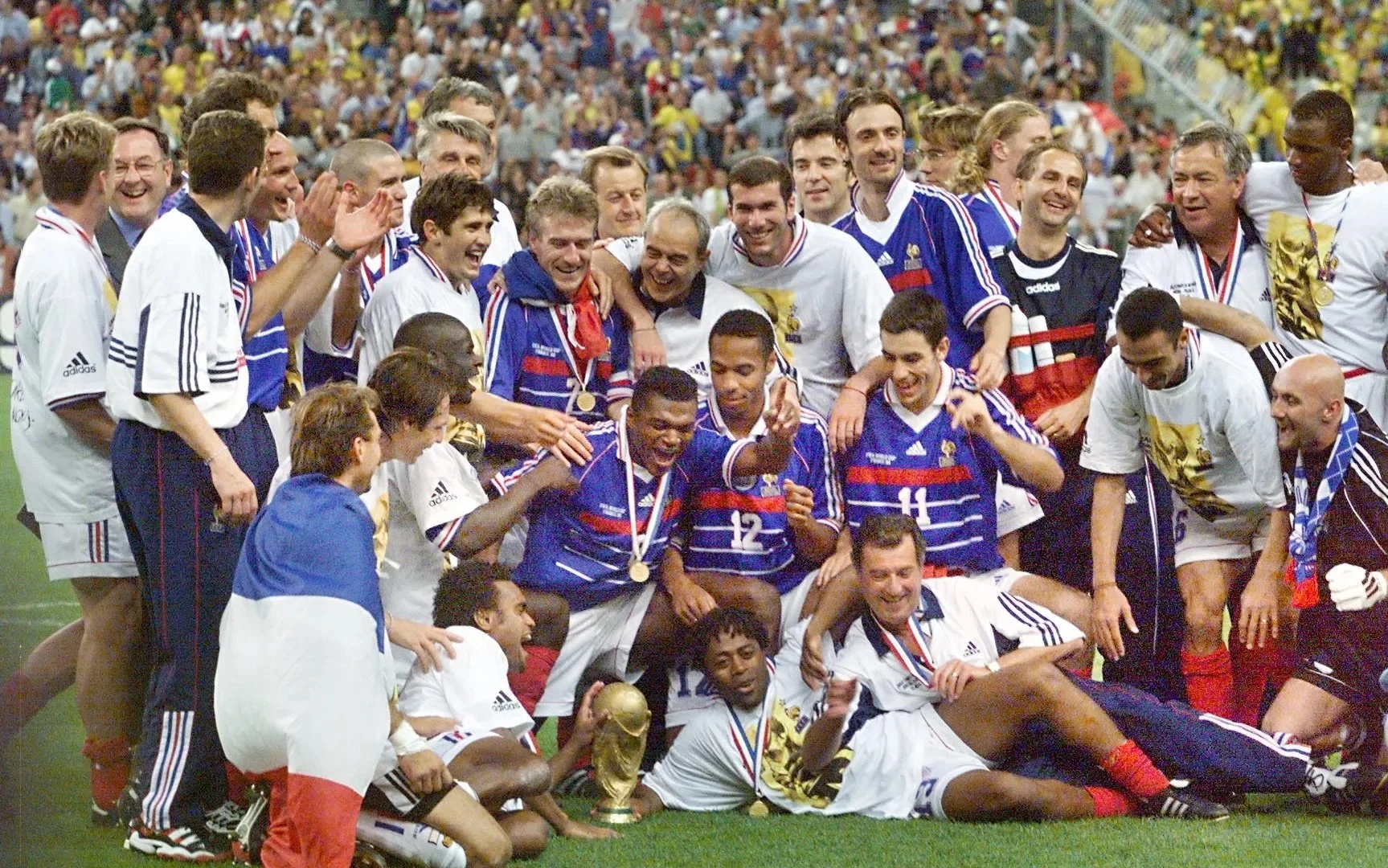 Les Bleus lift the trophy on home soil in the France 1998 World Cup.