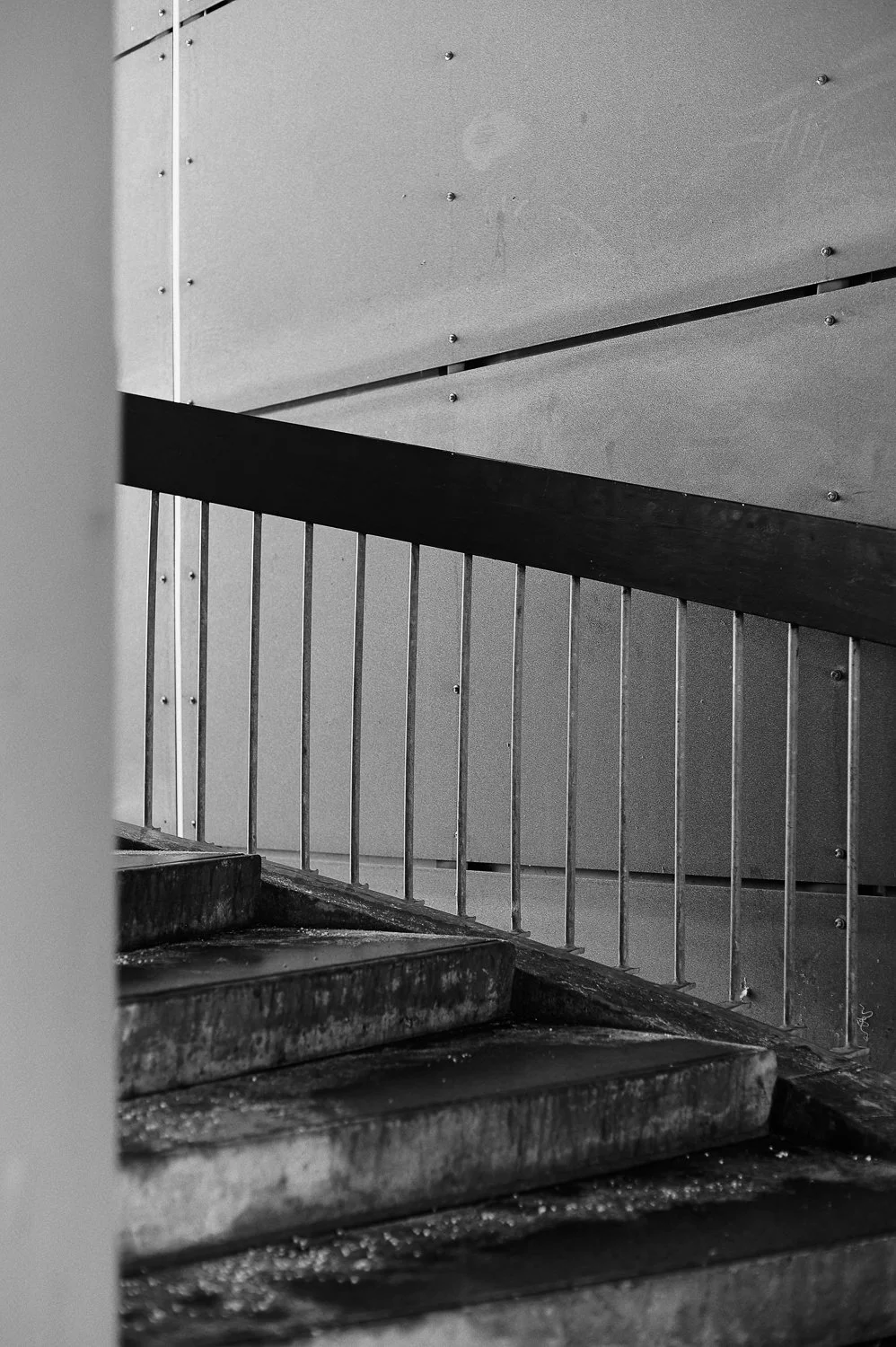 Black and white photograph of a worn staircase with a metal railing, adjacent to a wall with visible panels and screws.