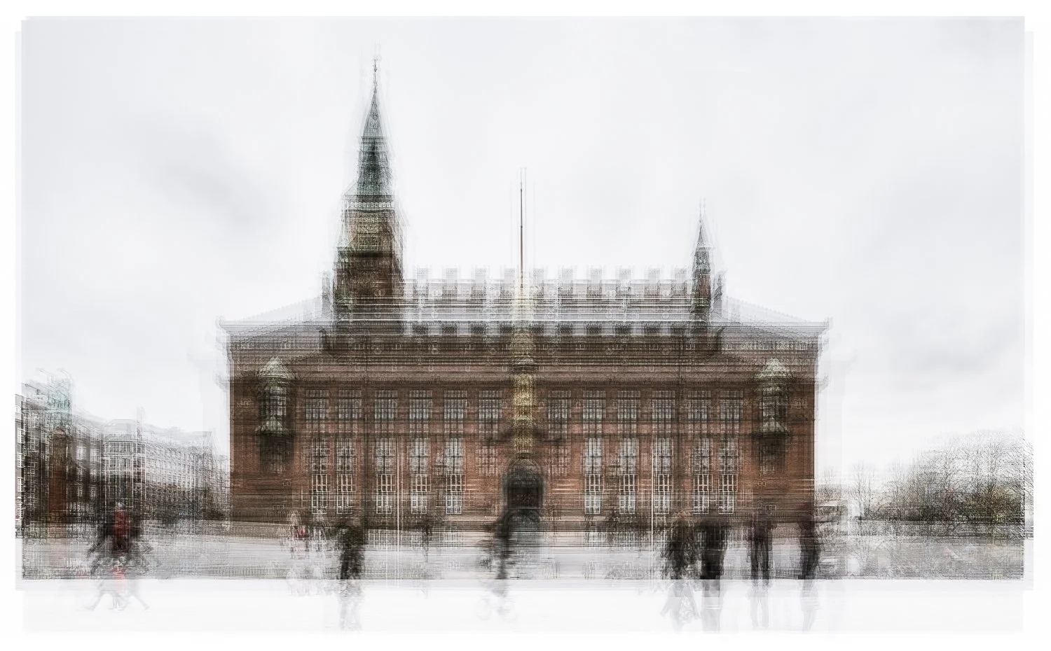 A photo of a historic brick building with towers and a clock, with blurred people walking in front, under a cloudy sky.