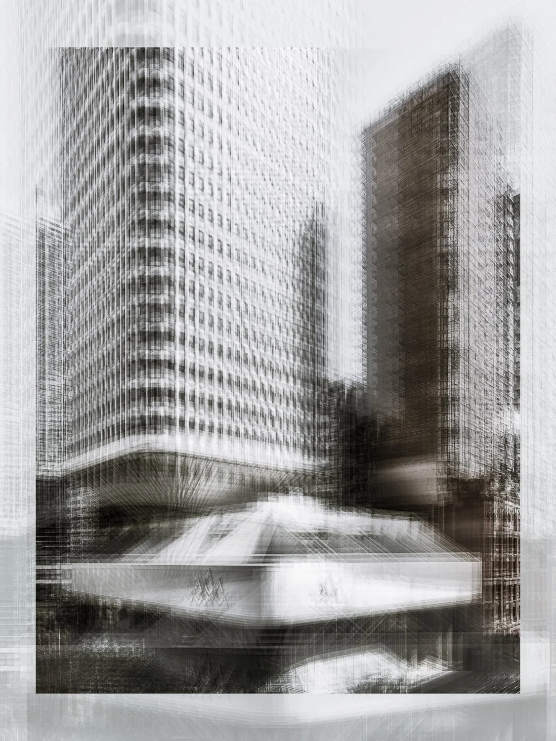 Blurred black and white photo of modern skyscrapers in an urban cityscape.