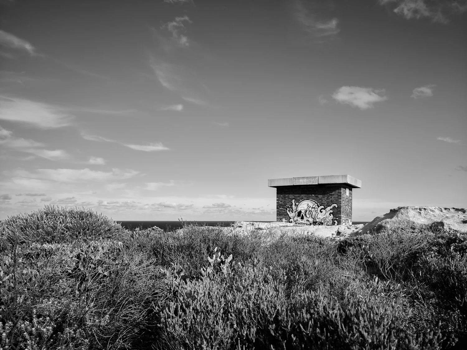 Black and white photo of a wooded area with a graffiti decorated small brick structure or shelter on a hilltop, under a partly cloudy sky.