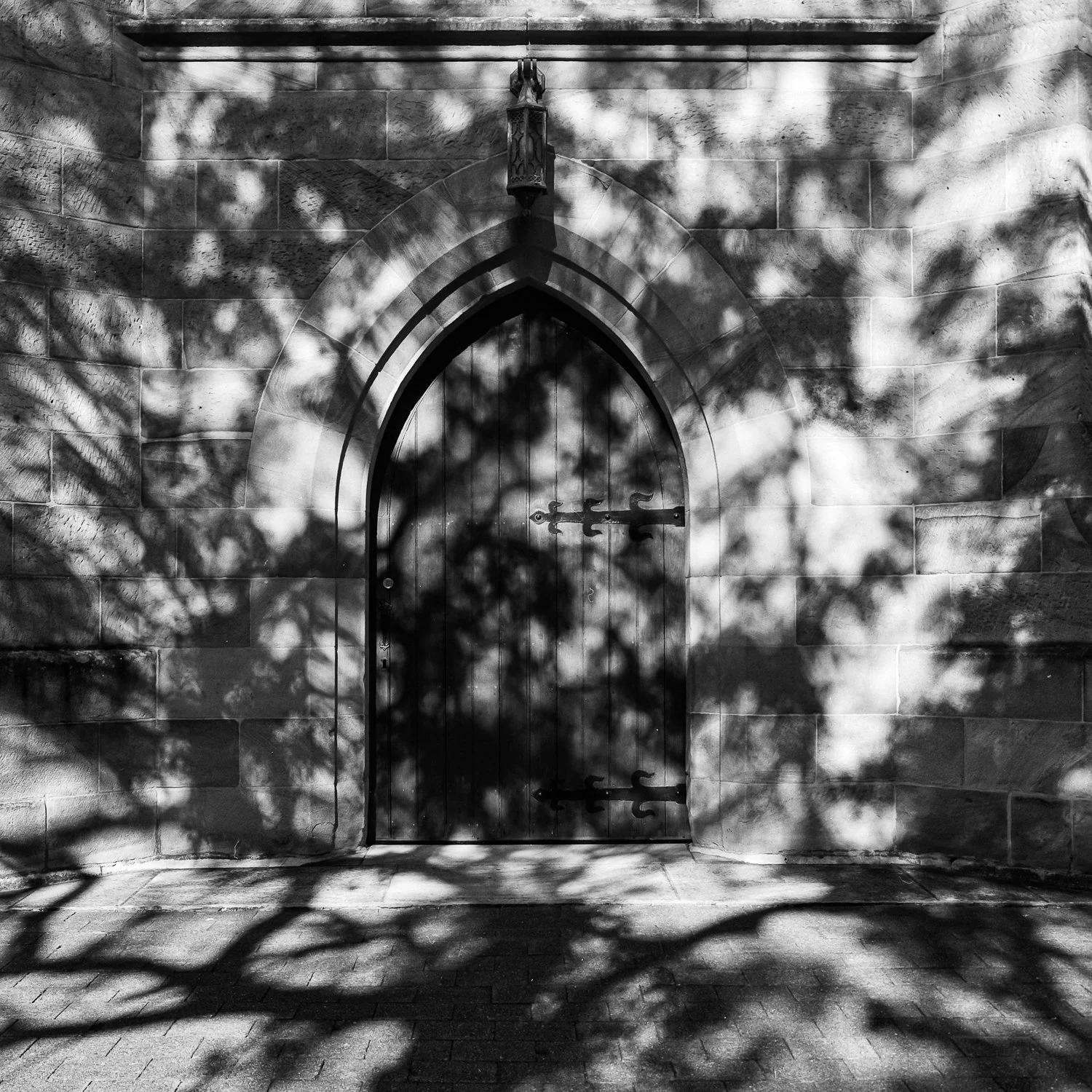 Black and white photo of a wooden church door with shadows of tree branches cast on the stone wall and ground in front.