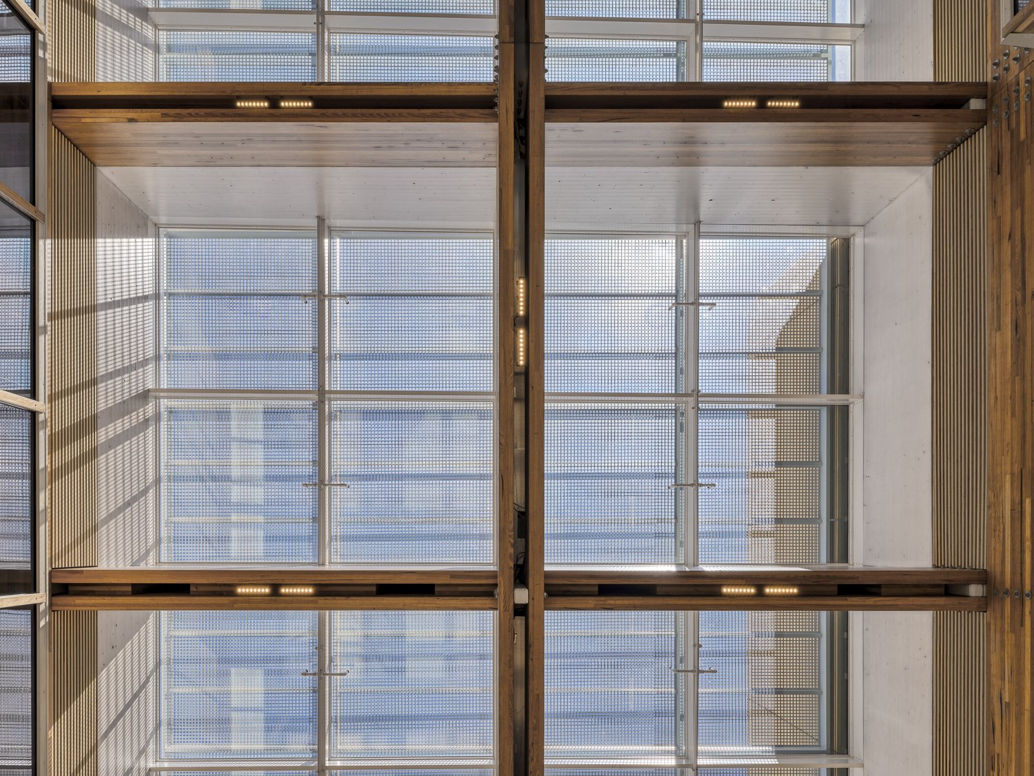 Modern architectural ceiling design with wooden beams, metal grid panels, and skylights.