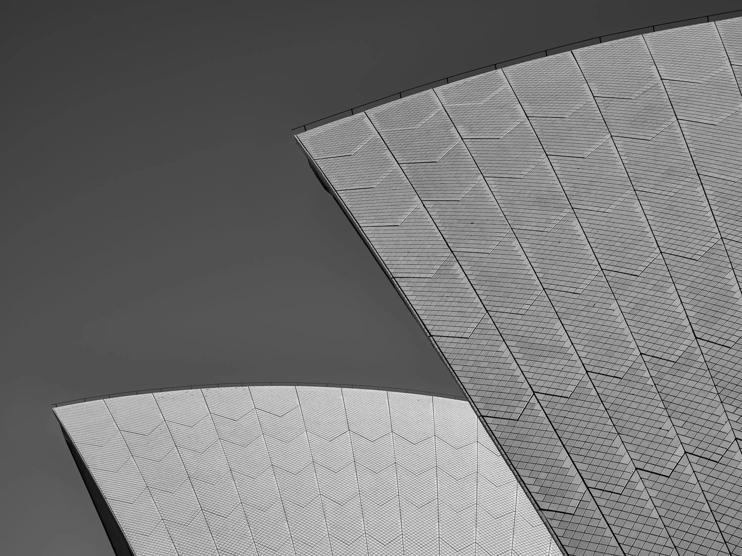 Close-up of the Sydney Opera House roof with geometric tile pattern in grayscale.