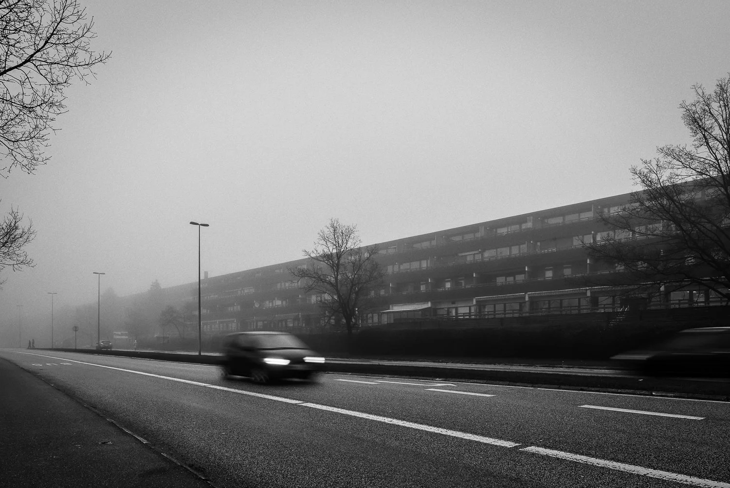 Black and white photo of a foggy street with cars driving, leafless trees, and a large apartment building in the background.