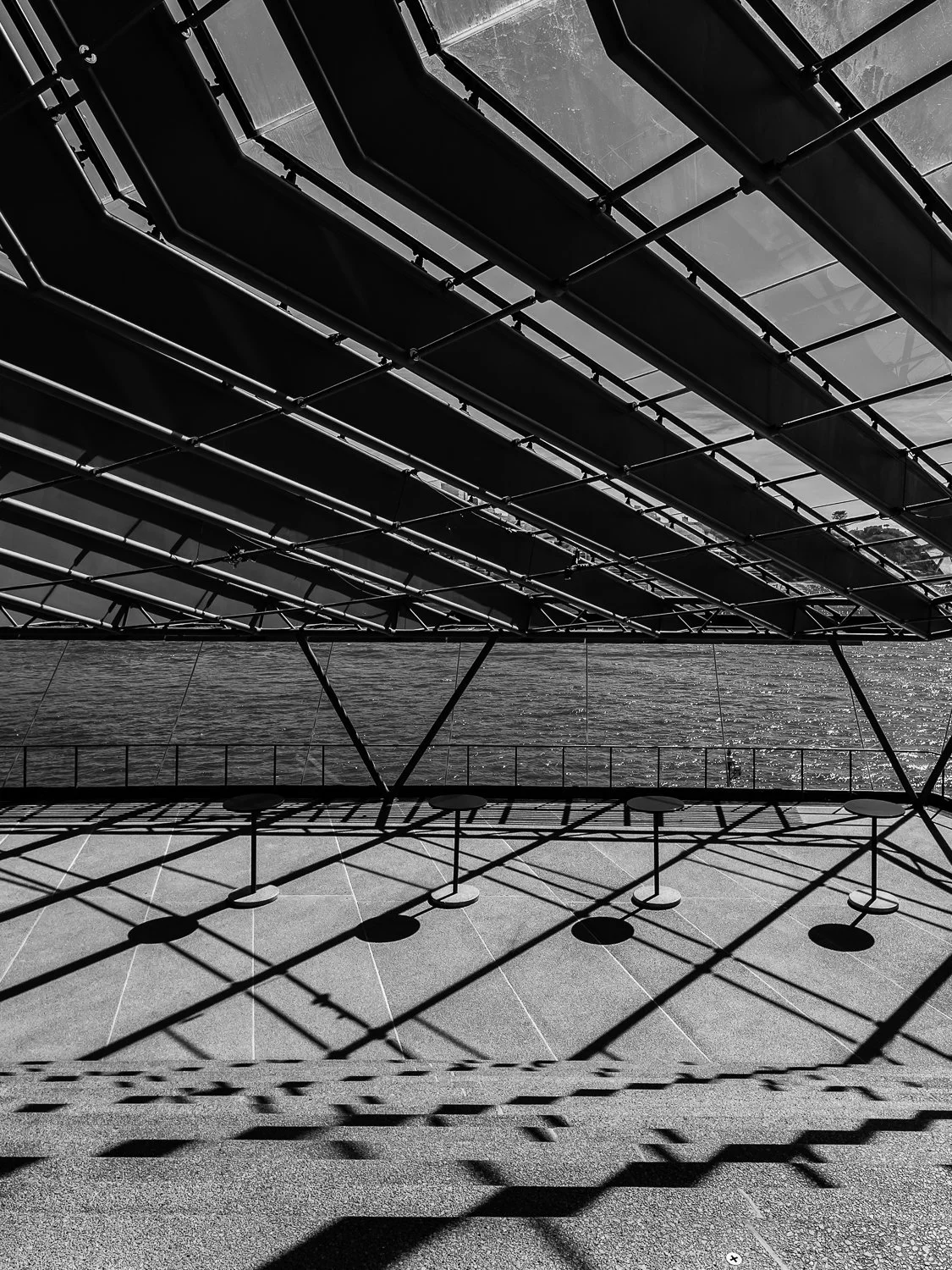 Black and white photo of a modern building with a patterned roof and glass walls, overlooking a body of water, with shadows cast on the ground.