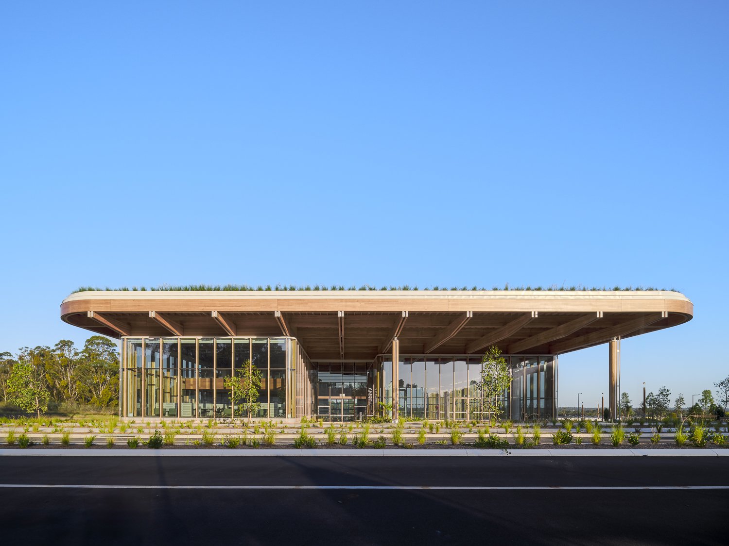 Modern building with a flat, green roof and large glass windows surrounded by landscaped greenery, under a clear blue sky.