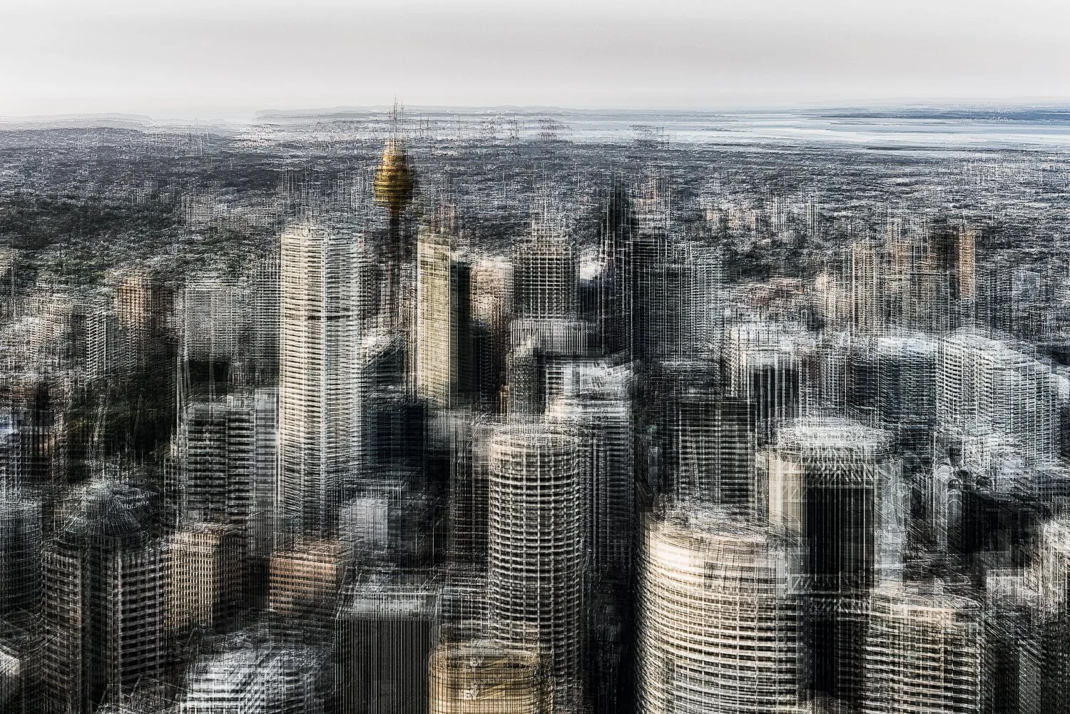 Above view of a dense city skyline with tall skyscrapers and a distorted, layered effect.