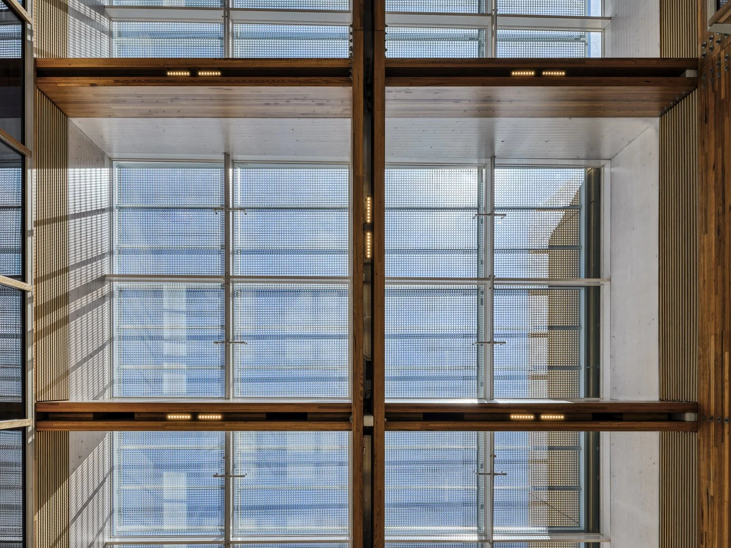 Ceiling view of large glass windows with metal grid design, framed by wooden beams and walls.