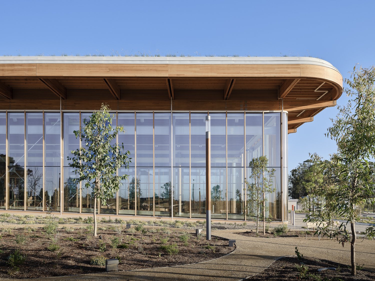 Modern building with large glass windows, wooden roof, and surrounding young trees and landscaping, under a clear blue sky.