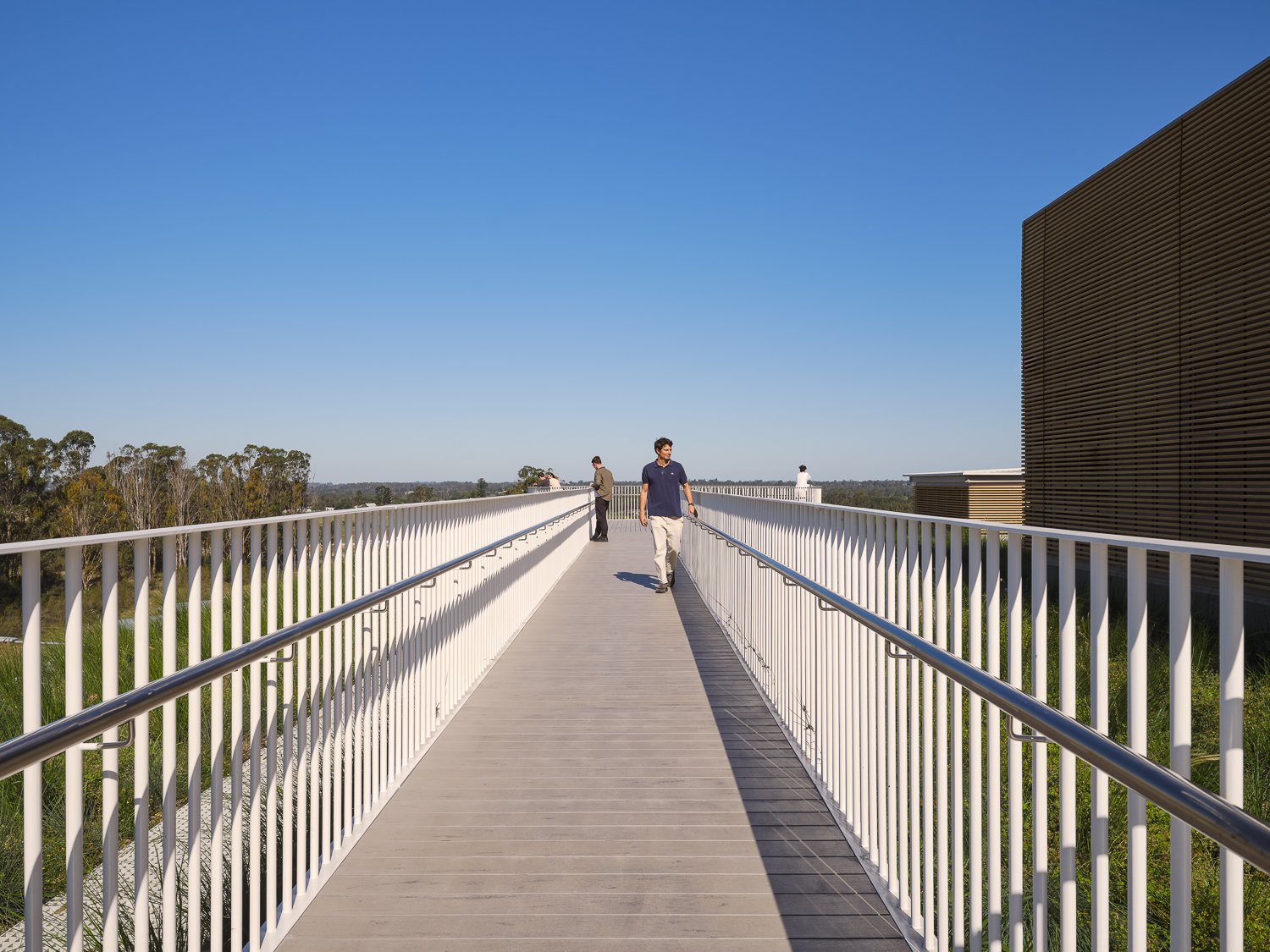 People walking on a long pedestrian bridge with white railings, clear blue sky, and distant trees and buildings.