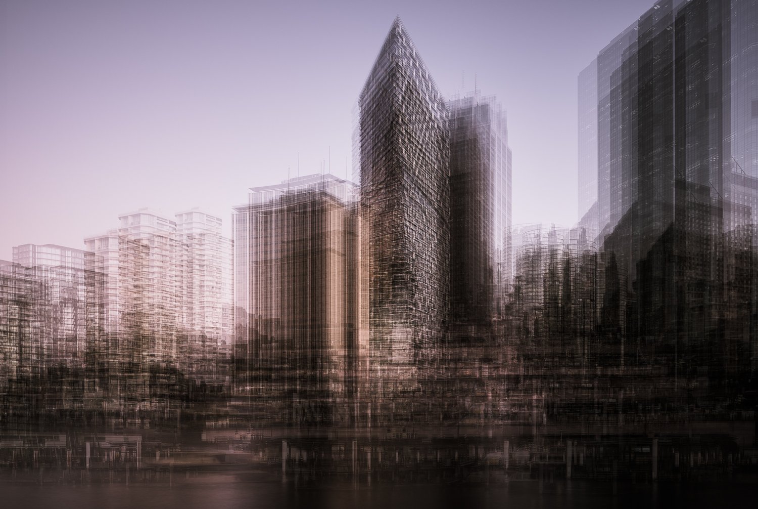 Multiple high-rise buildings with some appearing blurred and overlapping, set against a purple-toned sky.