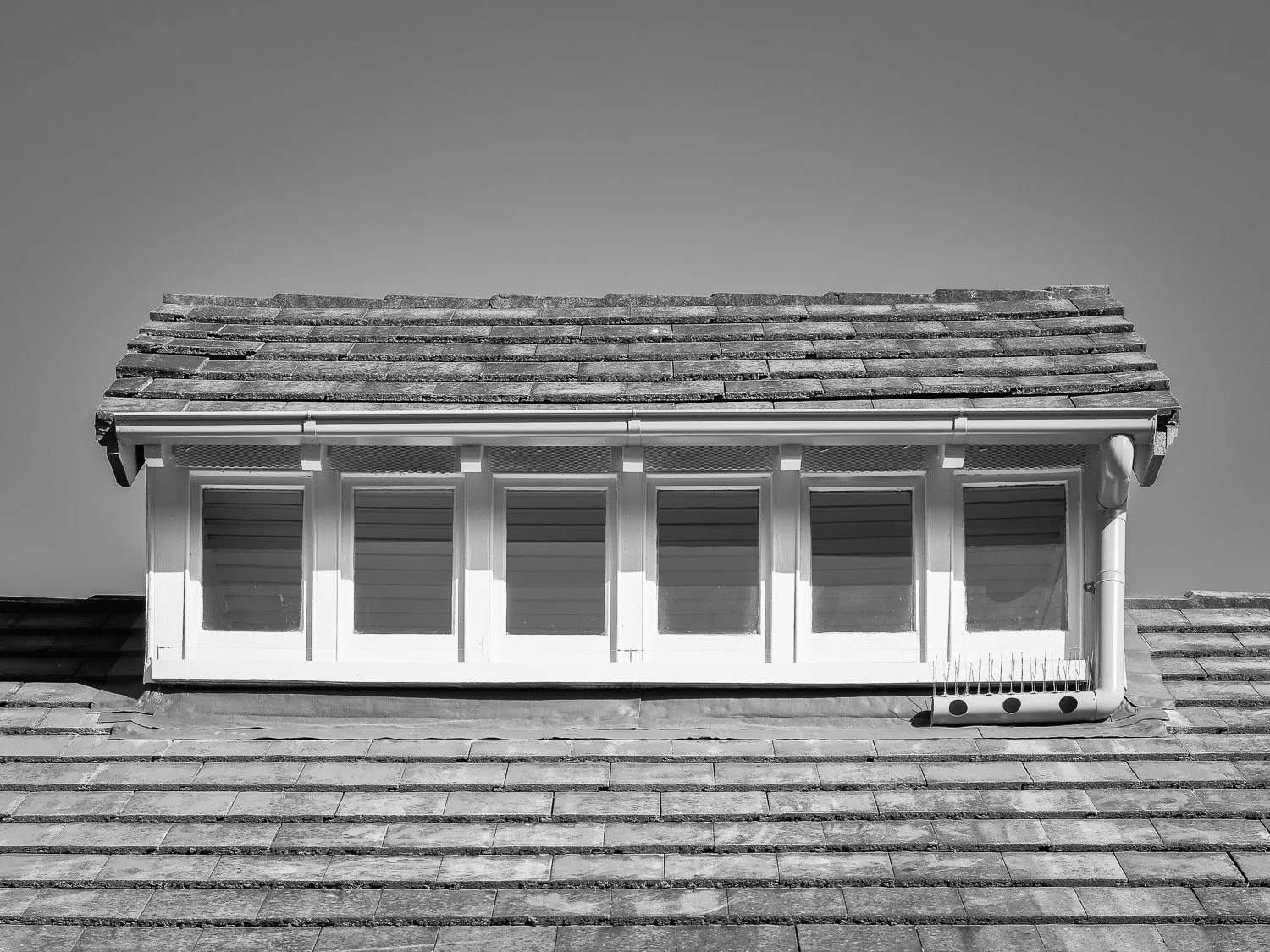 Black and white photo of a skylight window on the roof of a building.