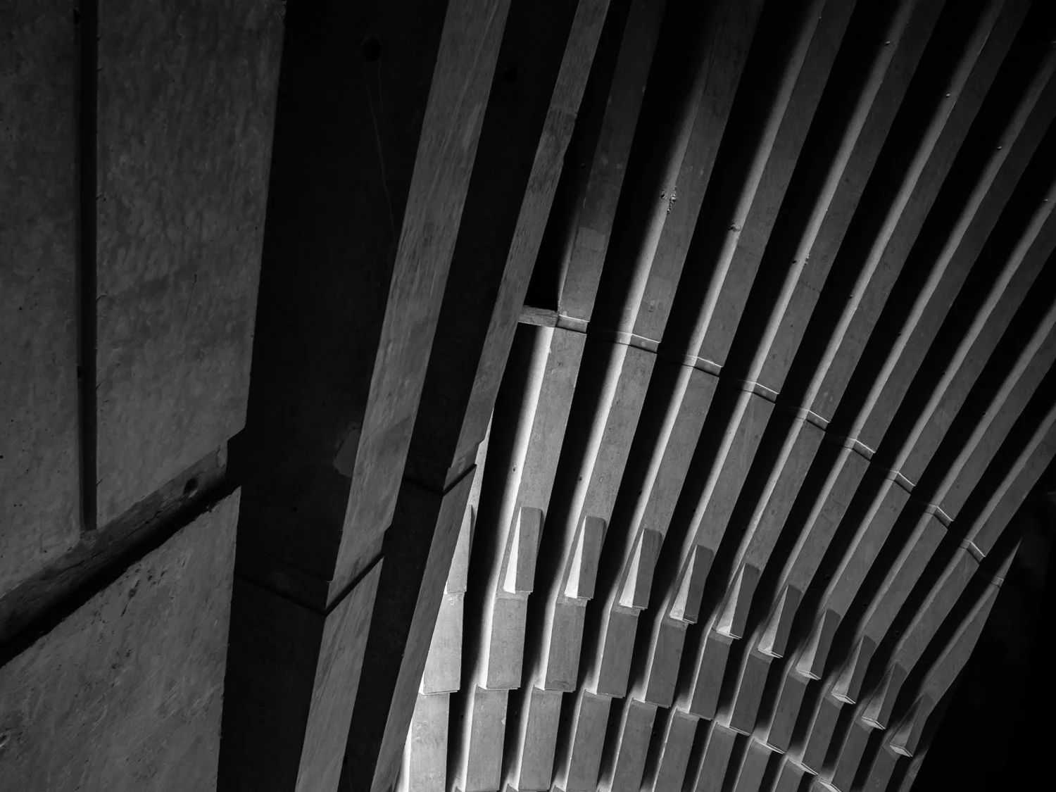 Black and white photo of architectural ceiling with parallel concrete slats and shadows.