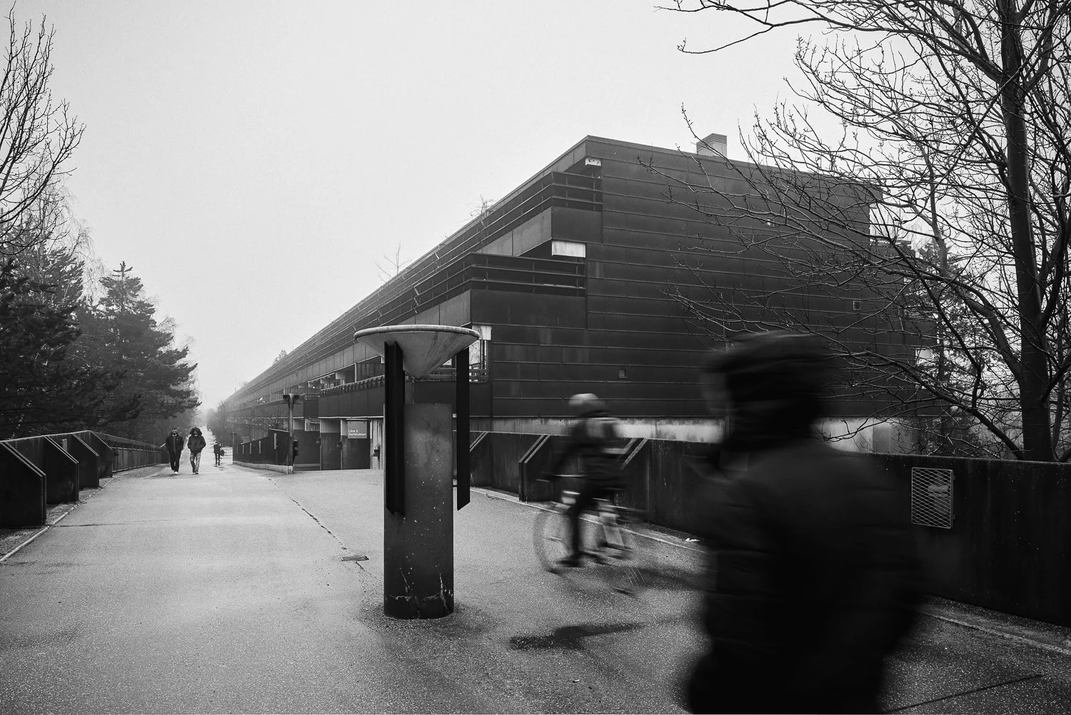 Black and white photo of a pedestrian bridge with people walking and biking, trees with bare branches, and a modern building in the background on a foggy day.