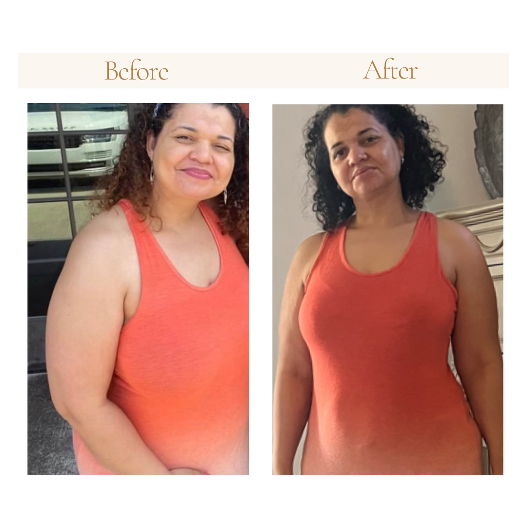 Before and after photos of a woman in an orange tank top. Left side shows her with curly hair outdoors, right side shows her indoors with slightly curly hair.