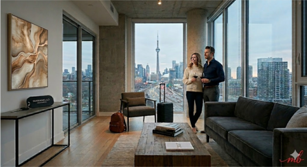 A modern luxury apartment interior overlooking a city, symbolizing the choice of flexibility over traditional ownership.
