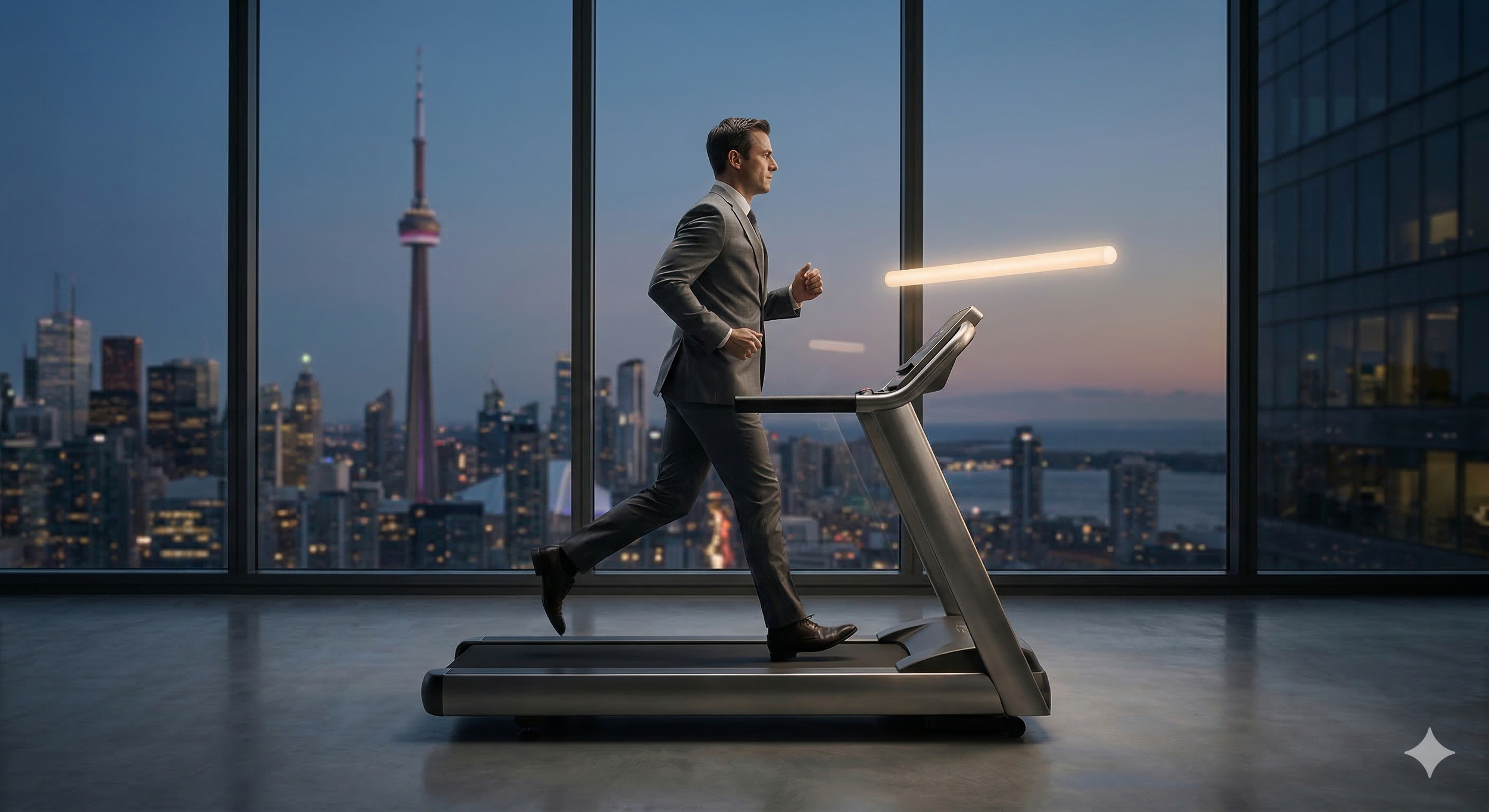 A professional person running on a high-speed treadmill in a modern city office, looking at a glowing green goal post that is floating out of reach.