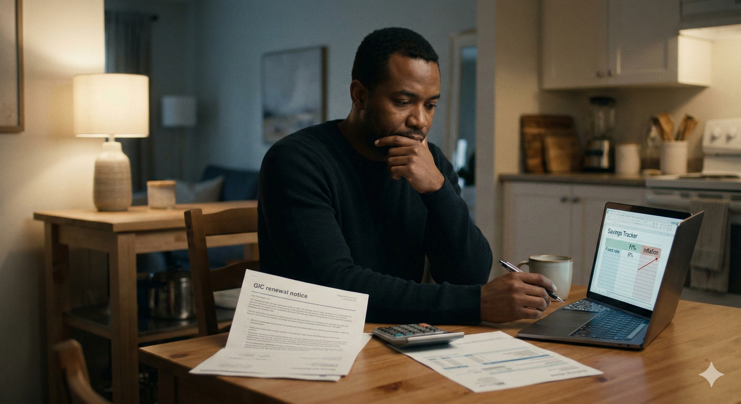 A thoughtful person reviews a GIC renewal notice and calculator at their kitchen table, illustrating the realization that current investments aren't keeping up with inflation and the desire to improve wealth strategies.