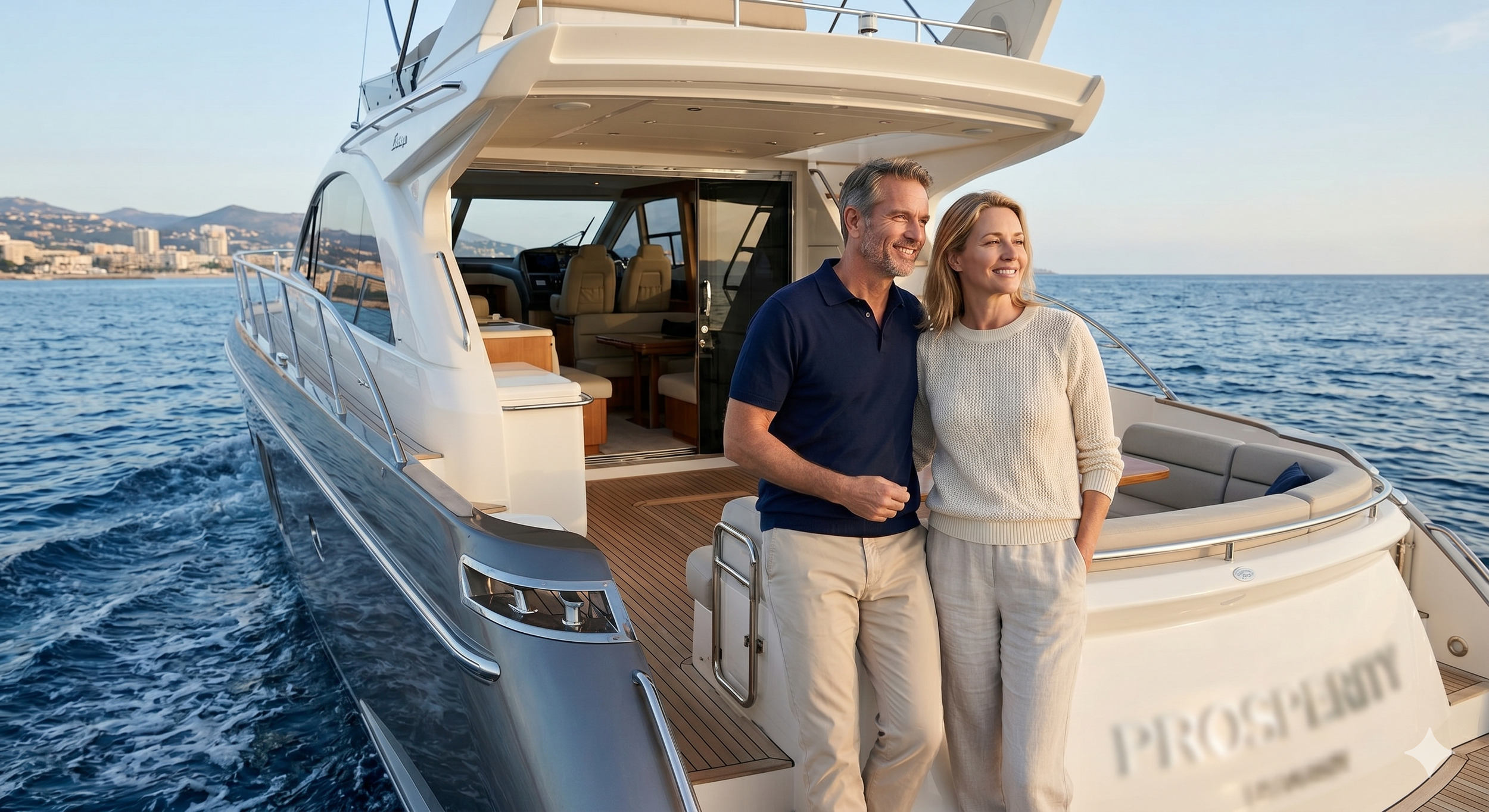 A mature couple stands on a luxury yacht named 'Prosperity,' looking at the horizon, symbolizing financial security and peace.