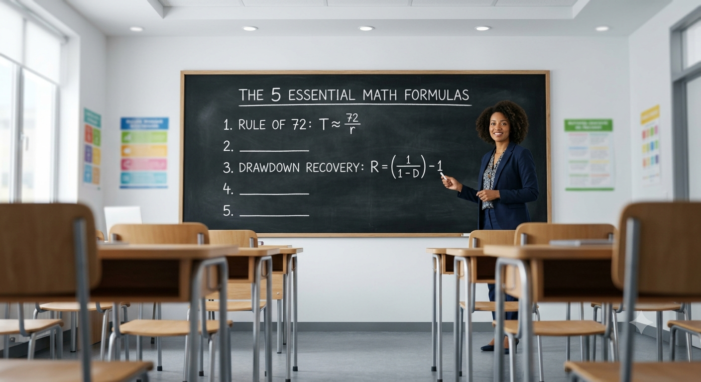 A bright classroom from a student's perspective showing a teacher standing at a front chalkboard with the header "The 5 Essential Math Formulas" and two financial equations written in white chalk.