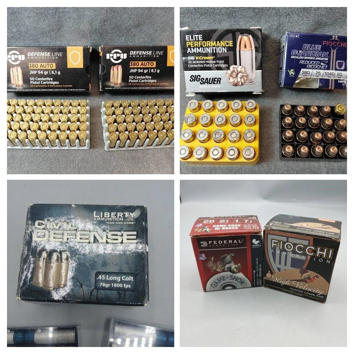 Various boxes and trays of different types of ammunition, including pistol and rifle cartridges.