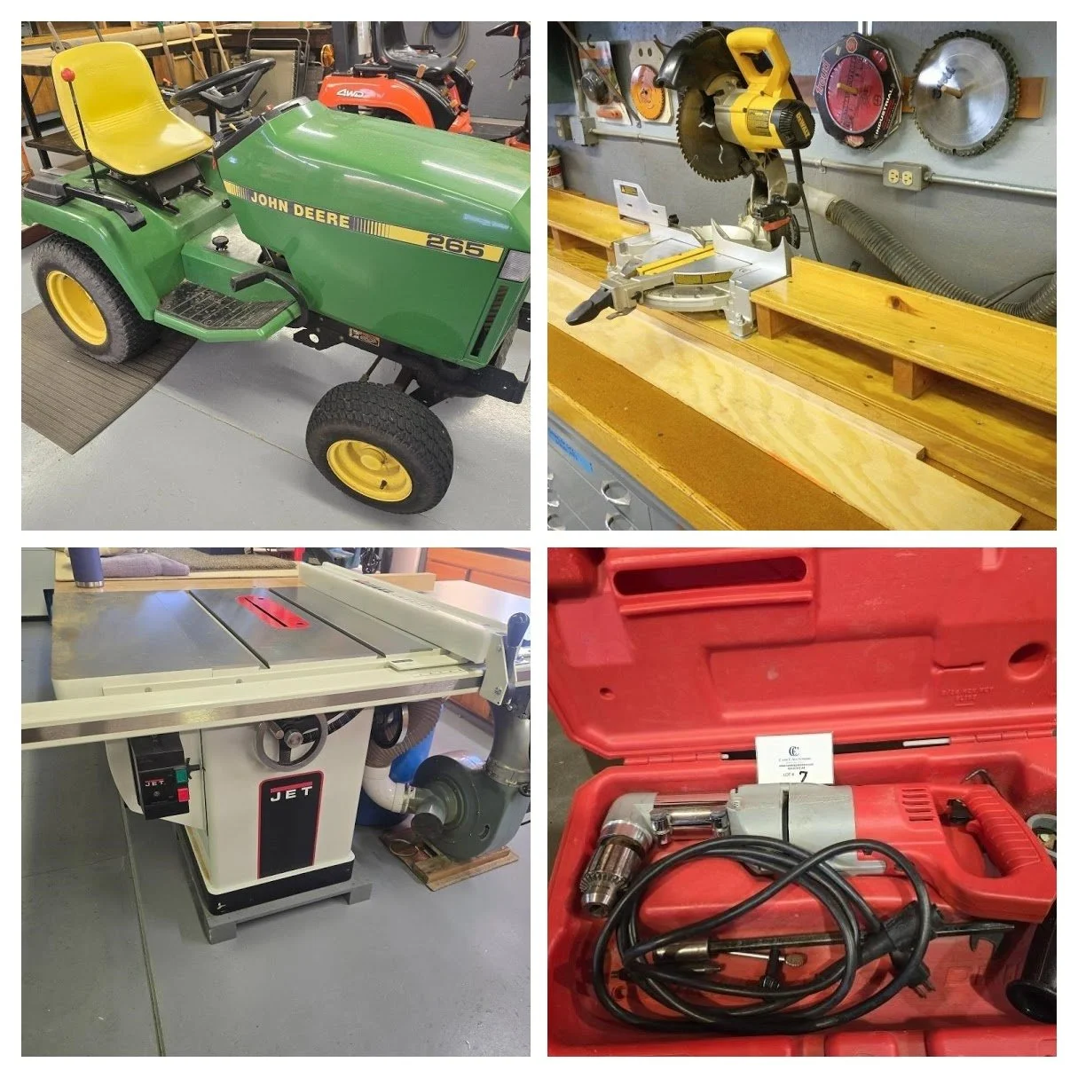 A collage of four images showing different workshop tools and equipment. Top left features a green John Deere lawn tractor. Top right displays a miter saw on a wooden workbench with saw blades on the wall behind. Bottom left shows a table saw labeled 'JET' connected to a dust extraction system. Bottom right contains a red case with a power drill and its cord.