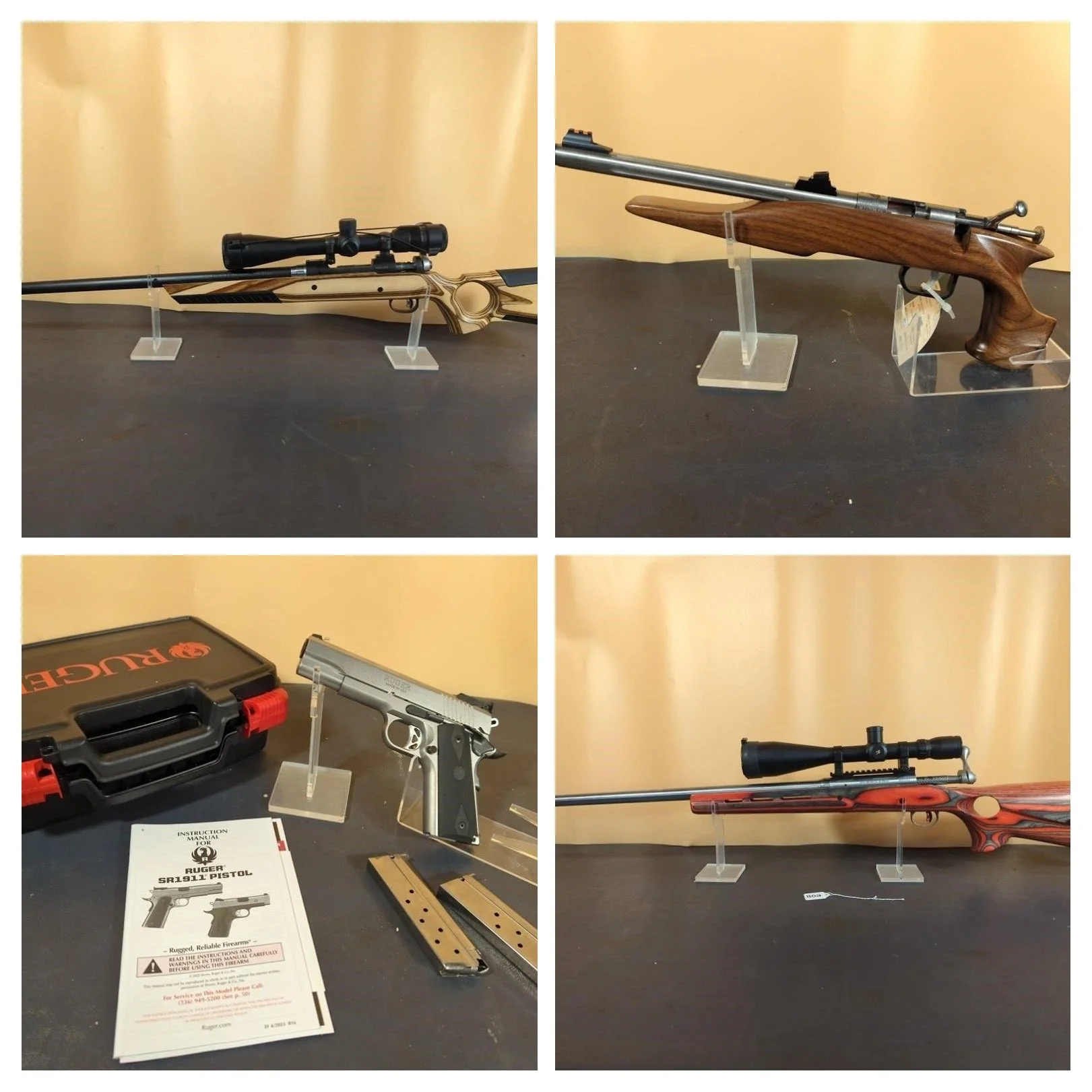 Four different rifles on display. Top left: a long rifle with a scope, top right: a wooden rifle with a scope, bottom left: a silver semi-automatic pistol with magazines and a case, bottom right: a red and black sniper-style rifle with a scope.