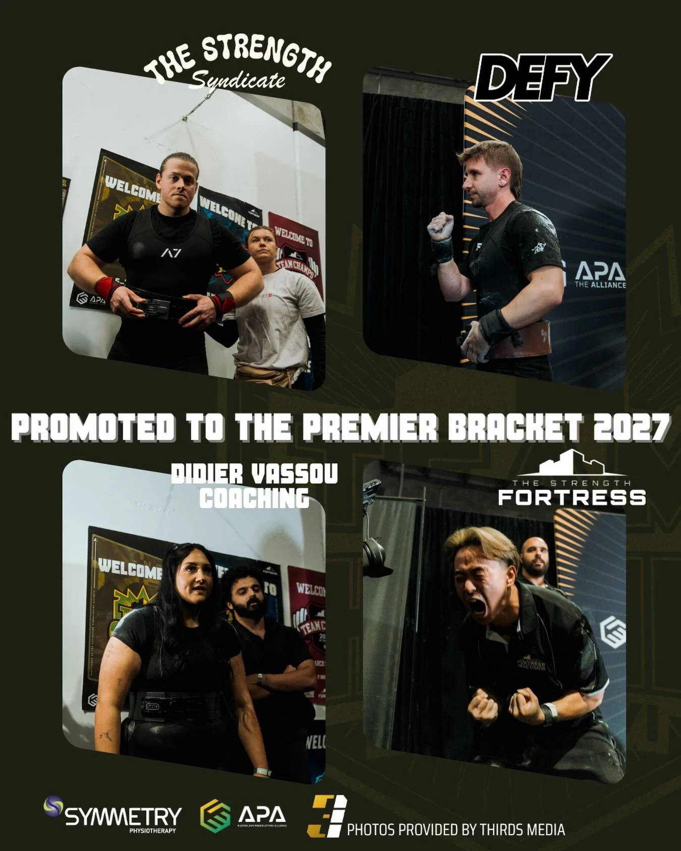 Congrats to the top 4 teams from the Challengers Bracket who&rsquo;ll be competing in the Premier Bracket for 2027

@thestrengthsyndicate 
@defy.coaching 
@odysseyperformancecoaching 
@thestrengthfortress 

And special shout out to Stoic Systers who 