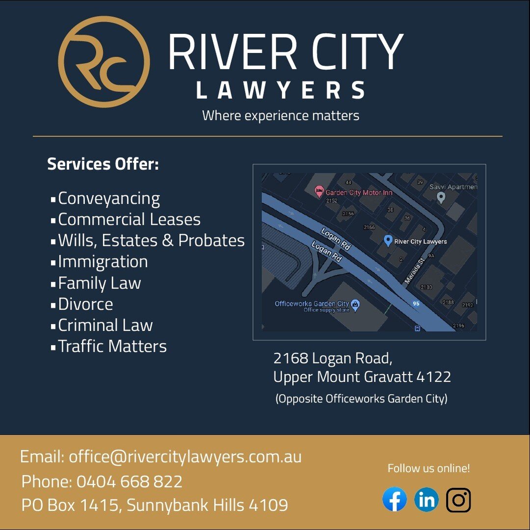 Welcome to River City Lawyers for your legal services!
We provide:

- Conveyancing
- Commercial Leases
- Wills, Probates &amp; Estates
- Family Law
- Divorce
- Commercial Law
- Immigration
- Student, Visitor, and Family Migration
- Skilled and Busine