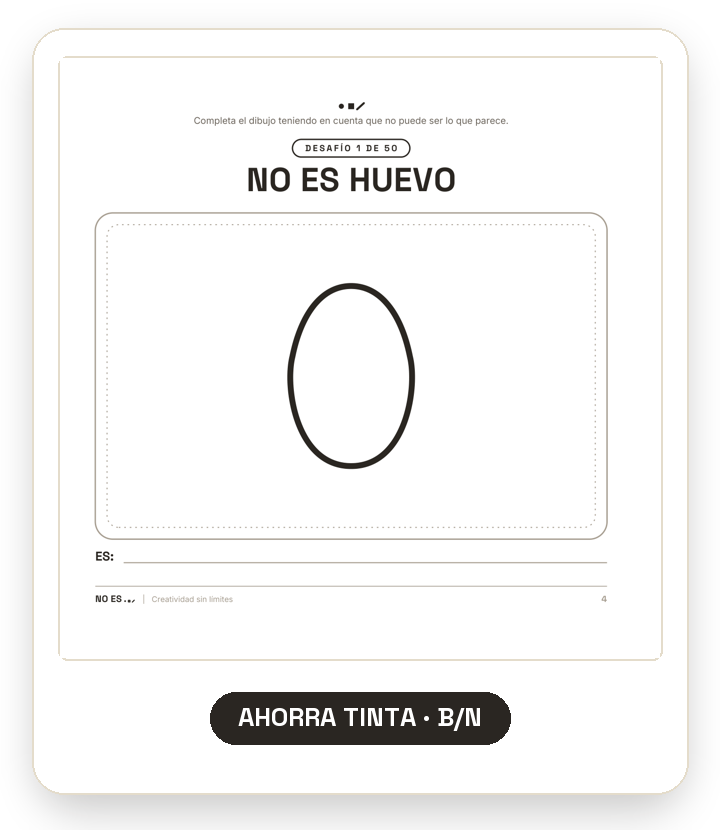 Ejercicio de reconocimiento visual que indica que la figura no es un huevo, con espacio para escribir en español y una opción para guardar tinta en la parte inferior.